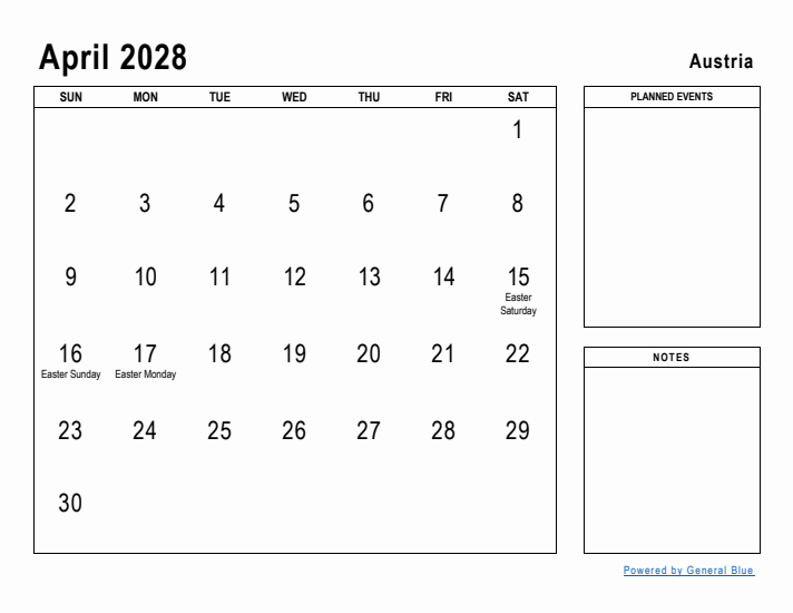 April 2028 Printable Monthly Calendar with Austria Holidays