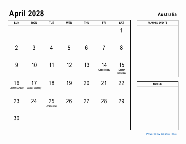 April 2028 Printable Monthly Calendar with Australia Holidays