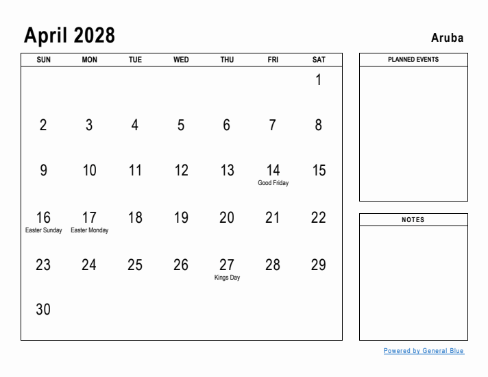 April 2028 Printable Monthly Calendar with Aruba Holidays