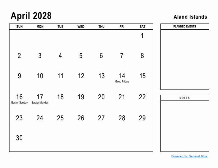 April 2028 Printable Monthly Calendar with Aland Islands Holidays