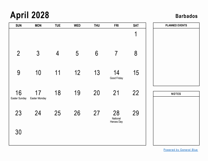 April 2028 Printable Monthly Calendar with Barbados Holidays