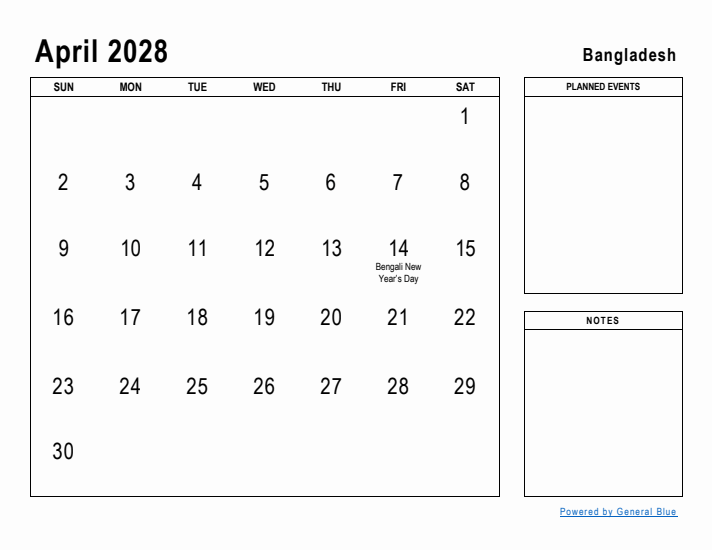 April 2028 Printable Monthly Calendar with Bangladesh Holidays