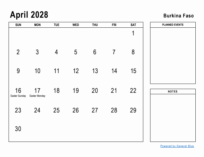 April 2028 Printable Monthly Calendar with Burkina Faso Holidays