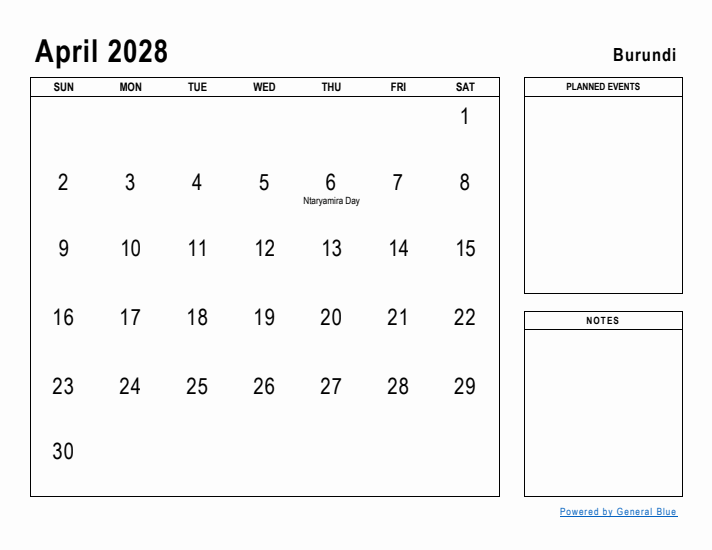 April 2028 Printable Monthly Calendar with Burundi Holidays