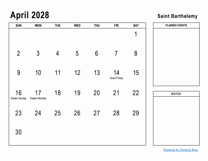 April 2028 Printable Monthly Calendar with Saint Barthelemy Holidays