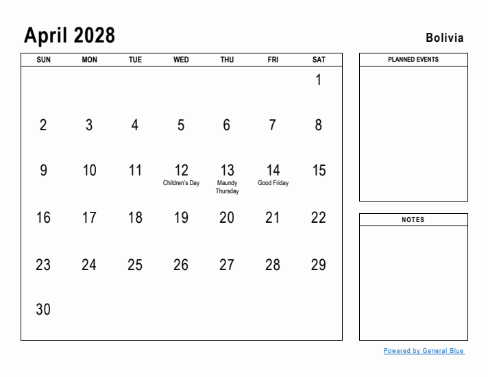 April 2028 Printable Monthly Calendar with Bolivia Holidays