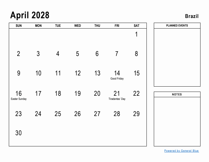 April 2028 Printable Monthly Calendar with Brazil Holidays