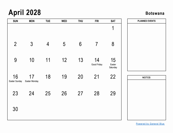 April 2028 Printable Monthly Calendar with Botswana Holidays