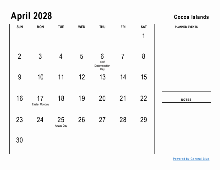 April 2028 Printable Monthly Calendar with Cocos Islands Holidays