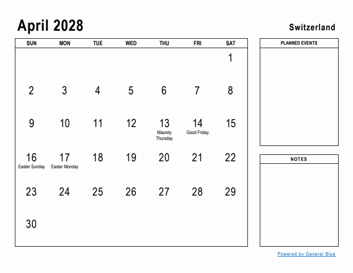 April 2028 Printable Monthly Calendar with Switzerland Holidays