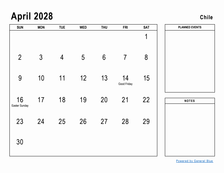 April 2028 Printable Monthly Calendar with Chile Holidays