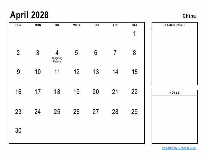 April 2028 Printable Monthly Calendar with China Holidays