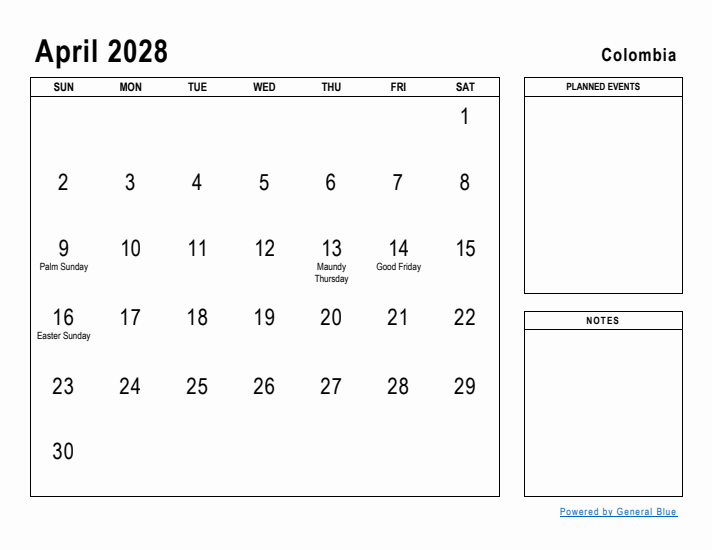 April 2028 Printable Monthly Calendar with Colombia Holidays