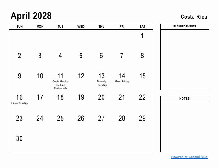 April 2028 Printable Monthly Calendar with Costa Rica Holidays