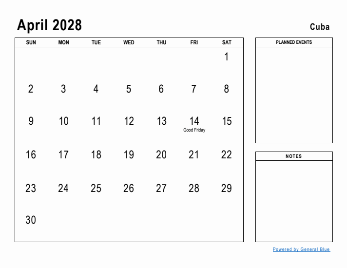 April 2028 Printable Monthly Calendar with Cuba Holidays