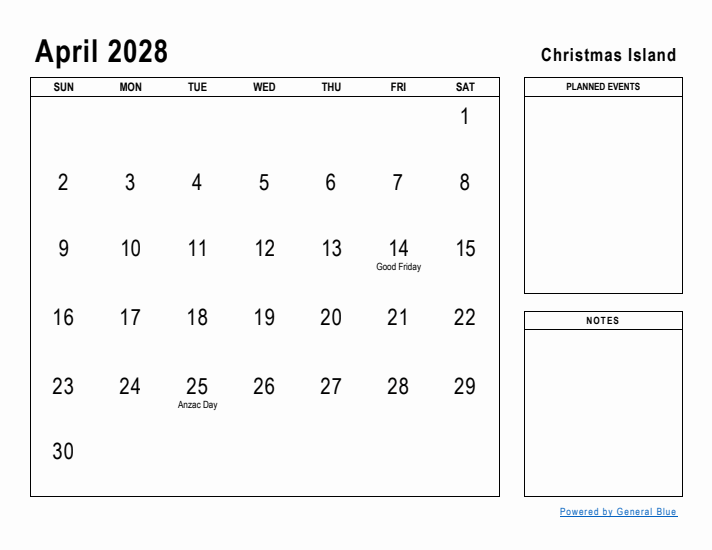 April 2028 Printable Monthly Calendar with Christmas Island Holidays