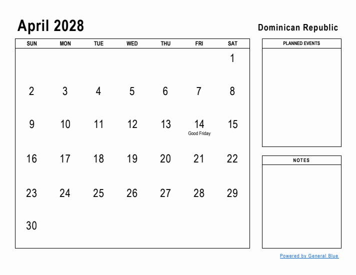 April 2028 Printable Monthly Calendar with Dominican Republic Holidays