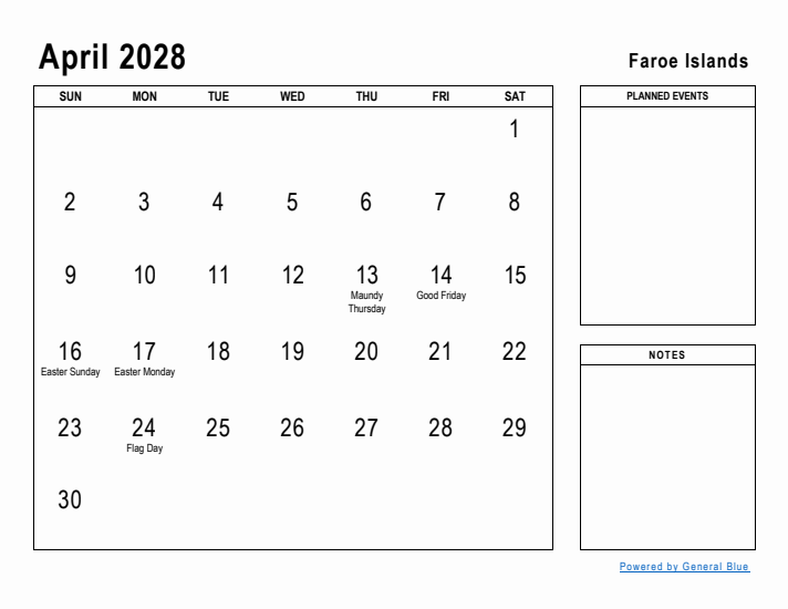 April 2028 Printable Monthly Calendar with Faroe Islands Holidays