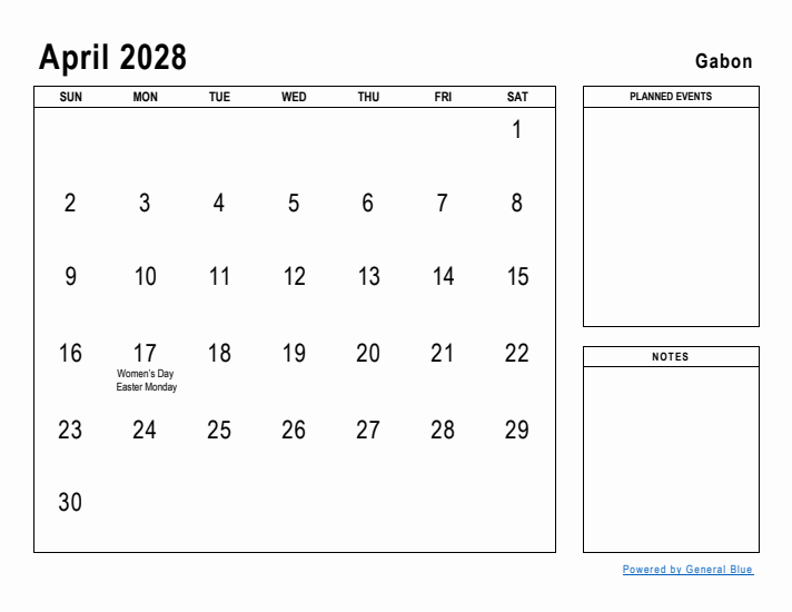 April 2028 Printable Monthly Calendar with Gabon Holidays