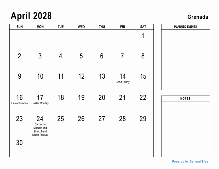 April 2028 Printable Monthly Calendar with Grenada Holidays