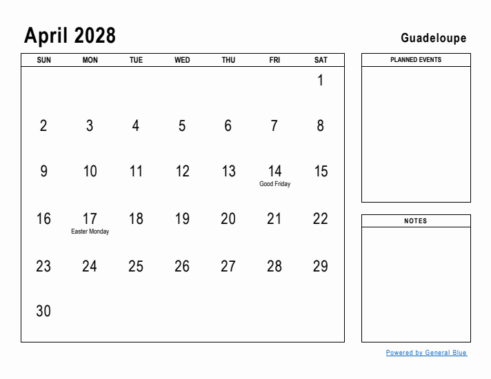 April 2028 Printable Monthly Calendar with Guadeloupe Holidays