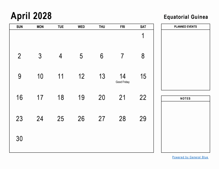 April 2028 Printable Monthly Calendar with Equatorial Guinea Holidays