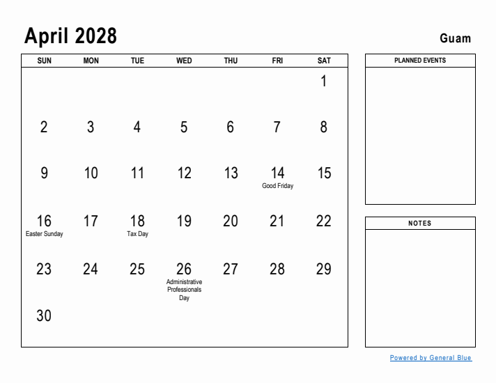 April 2028 Printable Monthly Calendar with Guam Holidays