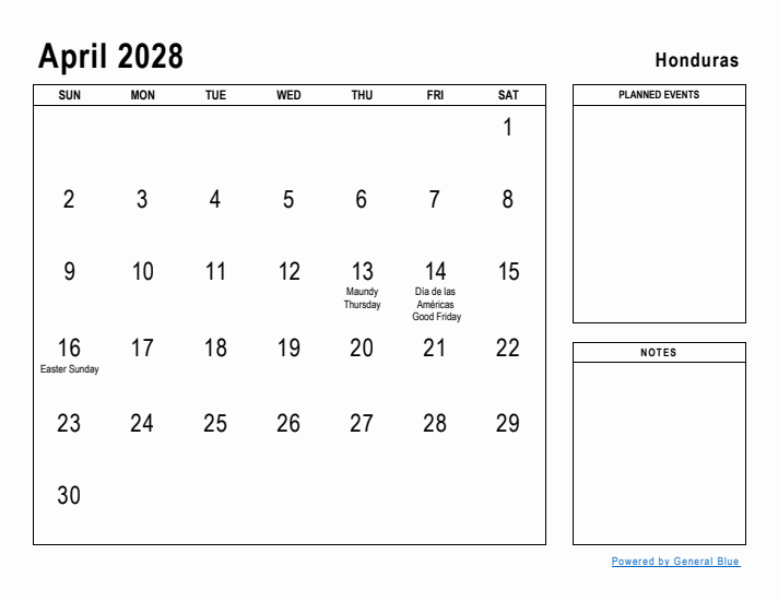 April 2028 Printable Monthly Calendar with Honduras Holidays