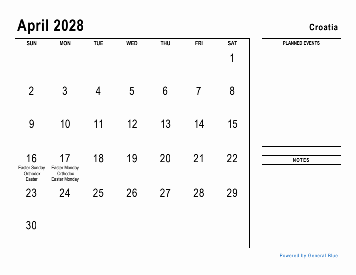 April 2028 Printable Monthly Calendar with Croatia Holidays