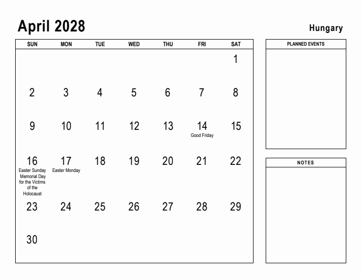 April 2028 Printable Monthly Calendar with Hungary Holidays