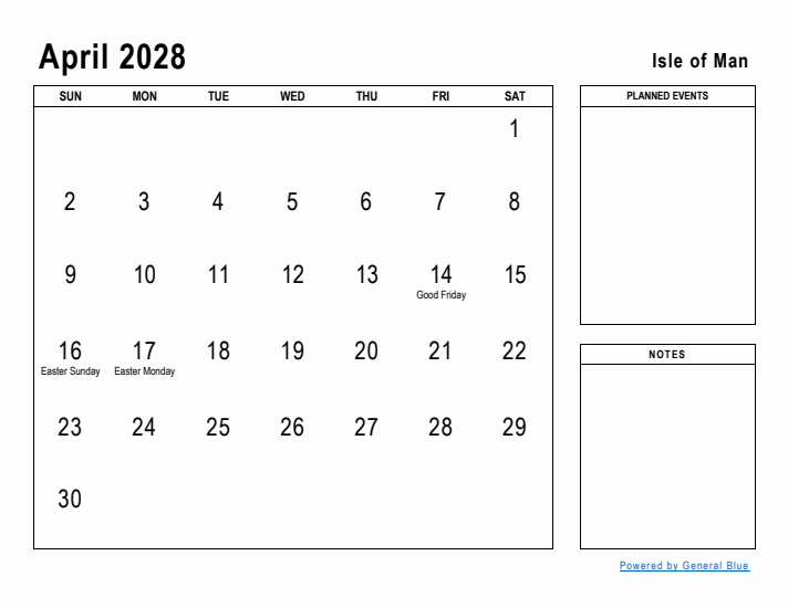 April 2028 Printable Monthly Calendar with Isle of Man Holidays