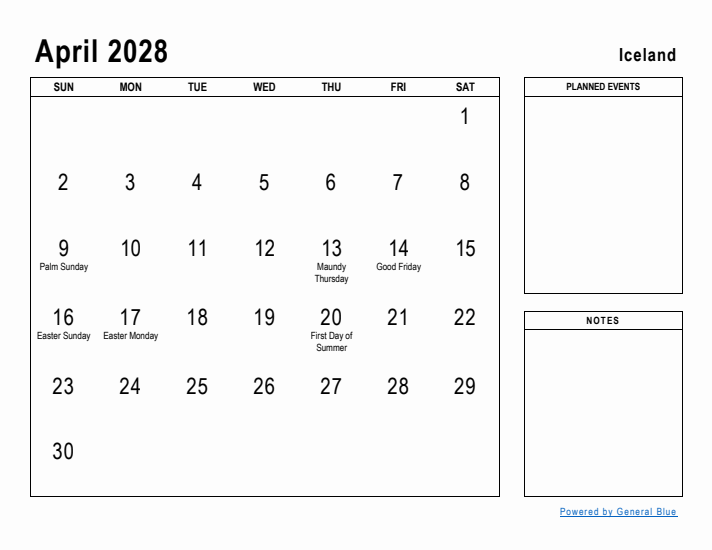 April 2028 Printable Monthly Calendar with Iceland Holidays