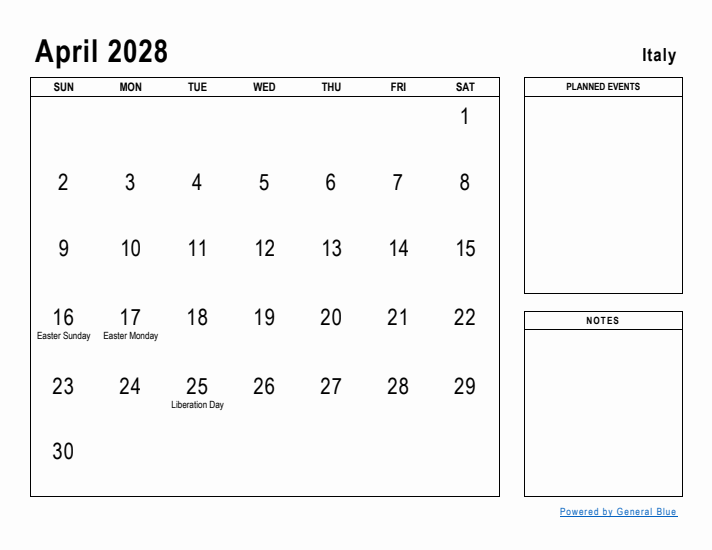 April 2028 Printable Monthly Calendar with Italy Holidays