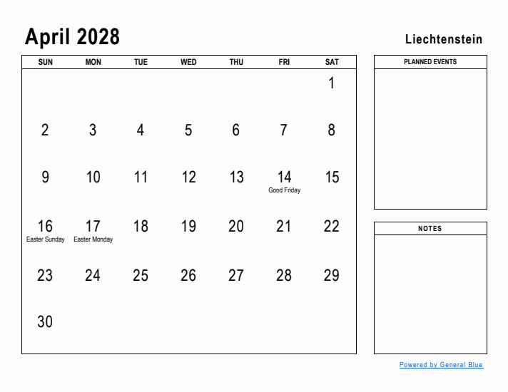 April 2028 Printable Monthly Calendar with Liechtenstein Holidays