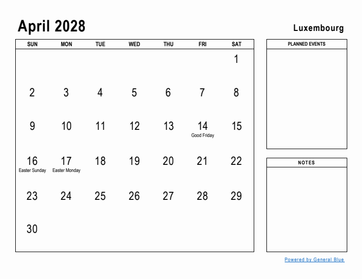 April 2028 Printable Monthly Calendar with Luxembourg Holidays