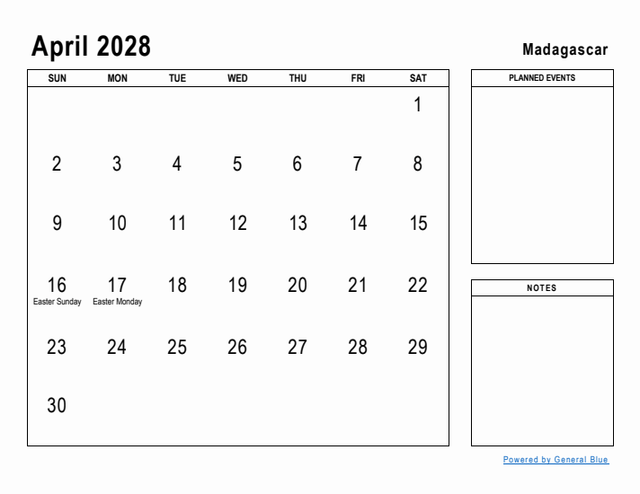 April 2028 Printable Monthly Calendar with Madagascar Holidays