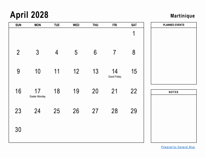 April 2028 Printable Monthly Calendar with Martinique Holidays