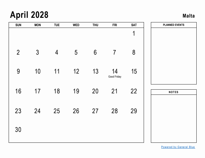 April 2028 Printable Monthly Calendar with Malta Holidays