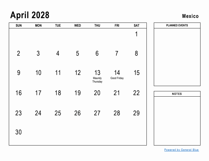 April 2028 Printable Monthly Calendar with Mexico Holidays