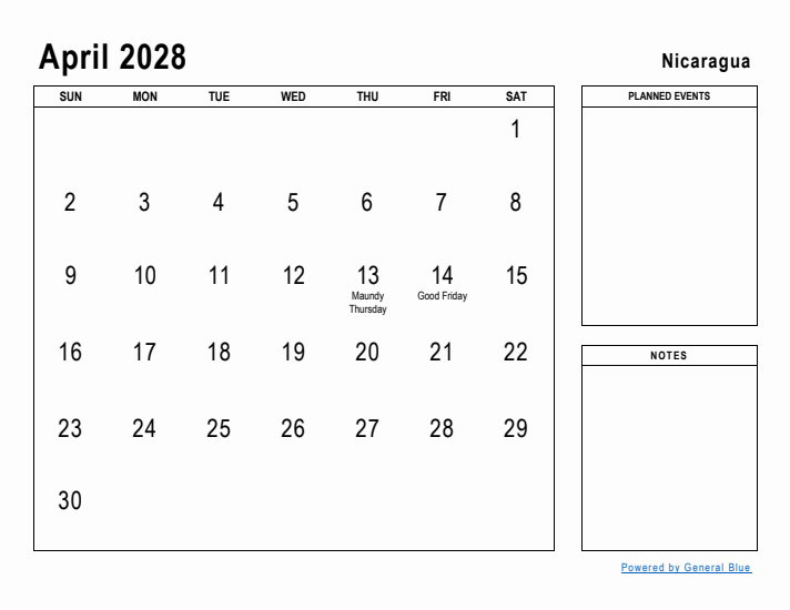 April 2028 Printable Monthly Calendar with Nicaragua Holidays