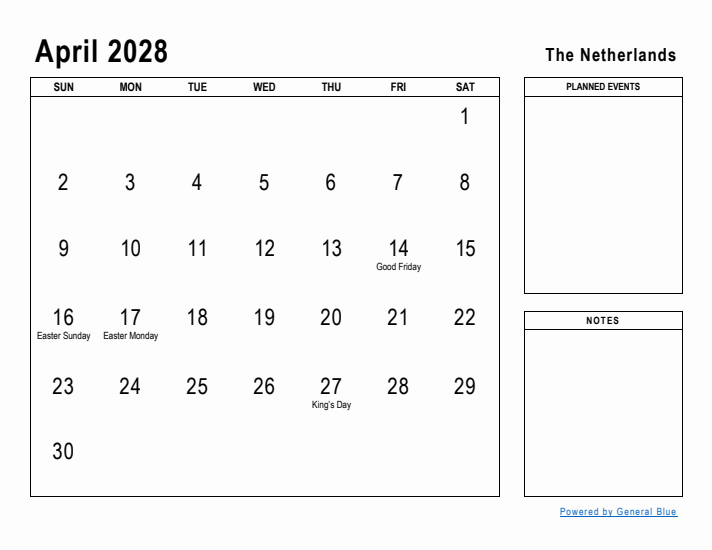 April 2028 Printable Monthly Calendar with The Netherlands Holidays