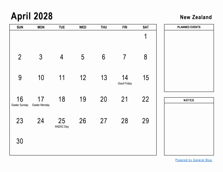 April 2028 Printable Monthly Calendar with New Zealand Holidays