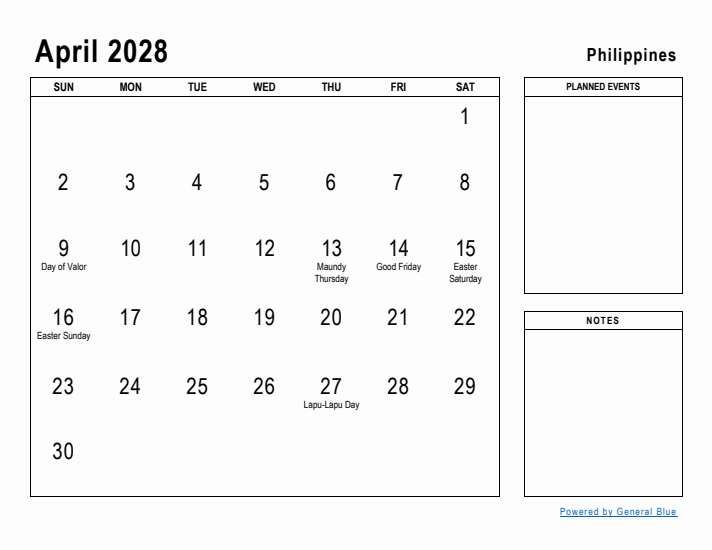 April 2028 Printable Monthly Calendar with Philippines Holidays