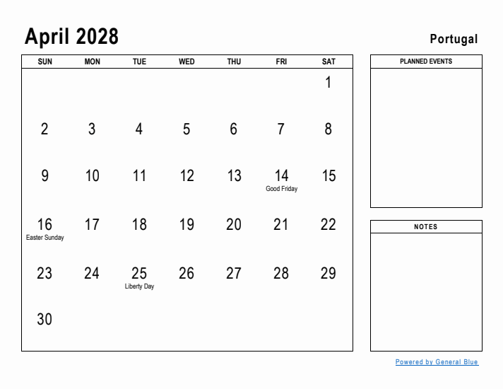 April 2028 Printable Monthly Calendar with Portugal Holidays