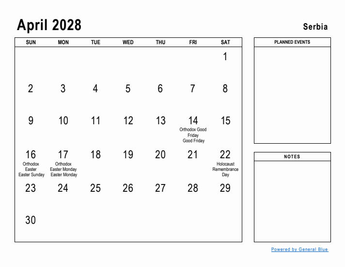 April 2028 Printable Monthly Calendar with Serbia Holidays