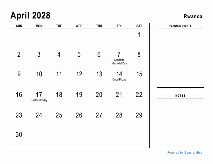 April 2028 Printable Monthly Calendar with Rwanda Holidays