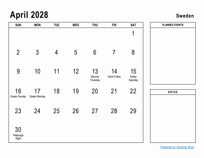 April 2028 Printable Monthly Calendar with Sweden Holidays