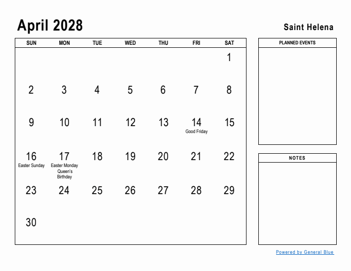 April 2028 Printable Monthly Calendar with Saint Helena Holidays