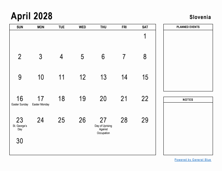 April 2028 Printable Monthly Calendar with Slovenia Holidays