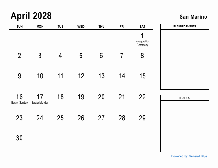 April 2028 Printable Monthly Calendar with San Marino Holidays